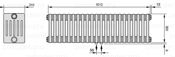 Схема (чертеж) Радиатор Zehnder Charleston 6030/22 №5410 Белый глянцевый RAL 9016